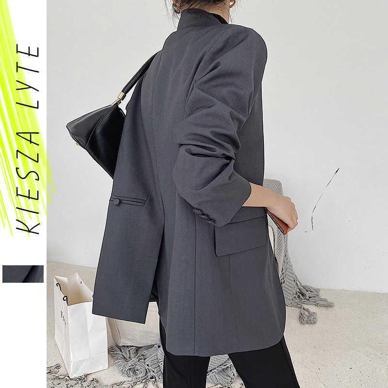 

Women Suit Jacket Vintage Korean Style Loose Lapel Oversized Ladies Gray Blazer Coats Female Autumn Outwear 210608, Grey