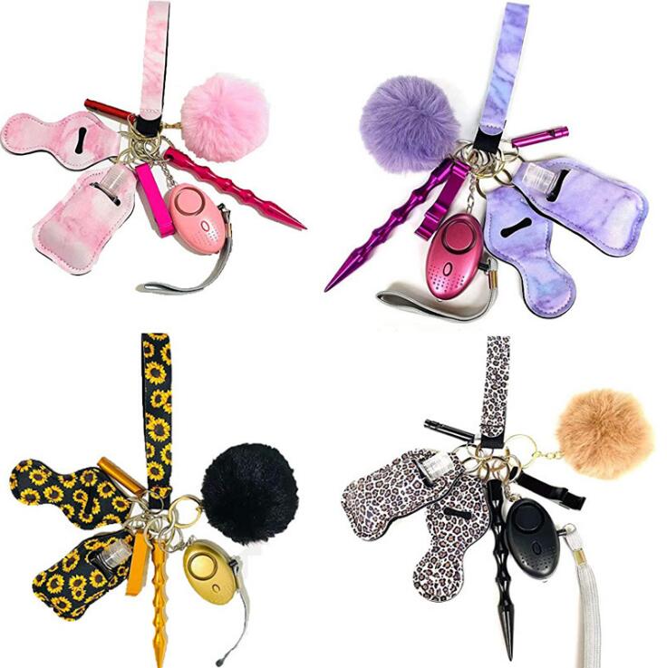 19 Colors 9 pcs Defense Keychain Set Alarm Pompom Hand Sanitizer Wrist strap Lipstick Keychains Stick Bottle Opener For Woman Men Selfdefen