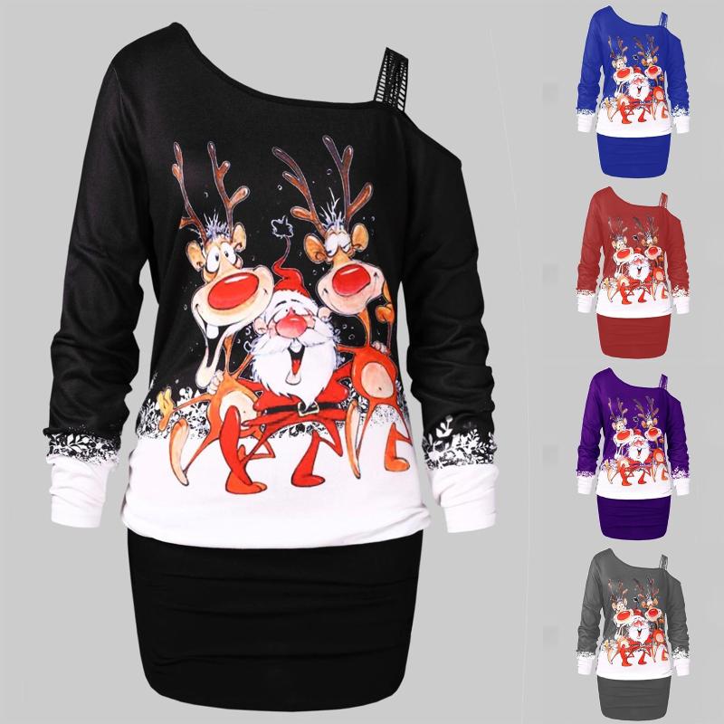 

Casual Dresses 2021 Women Christmas Dress Plus Size Print Sexy Leaking Shoulder Long Sleeve A-Line Loose Midi Female Big Dres, Black