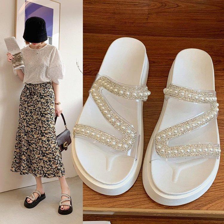 

Sandals Crystal Pearl Fashion White Women's Platform Shoes For Women 2021 Sandalias Sandles Woman Womens Slippers Summer
