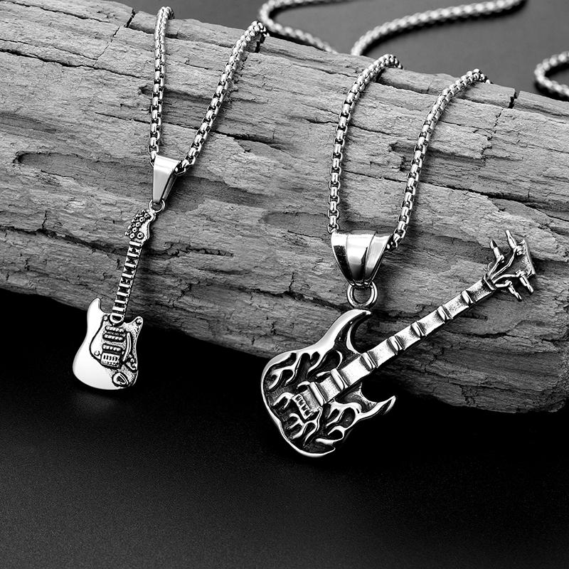 

Chains Fashion Classic Stainless Steel Casting Guitar Pendants Necklace For Men Woman Hip Hop Rock Long Chain Halloween Gifts