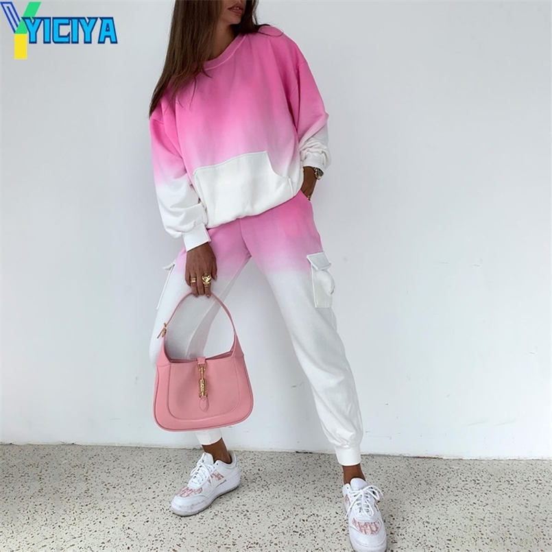 

Casual Gradient Tracksuit Women Pockets Autumn Sweatshirt and Sweatpants Sets Loungewear Two Piece Set Women Outfits 211109, Pink-one set