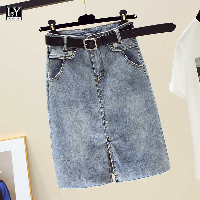 

LY VAREY LIN Summer Spring Women Casual High Waist A-line Skirt with Belt Solid Denim Slim Medium Length 210526, Blue