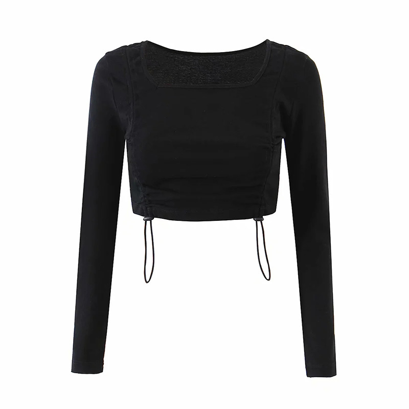 

Summer Season Women European And American Style Fold Elastic Square Neck Drawstring Long Sleeve High Waist Female T-Shirt 210520, Black