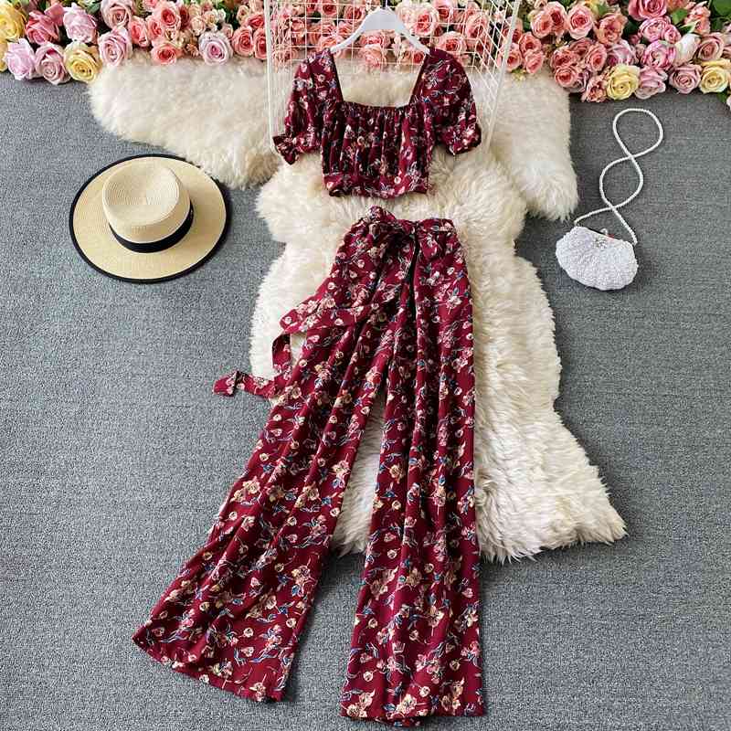 

Summer Arrivals Print Short Sleeve Square Collar Shirt High Waist Wide Leg Casual Pants Two Piece Set MZ573 210525, Black