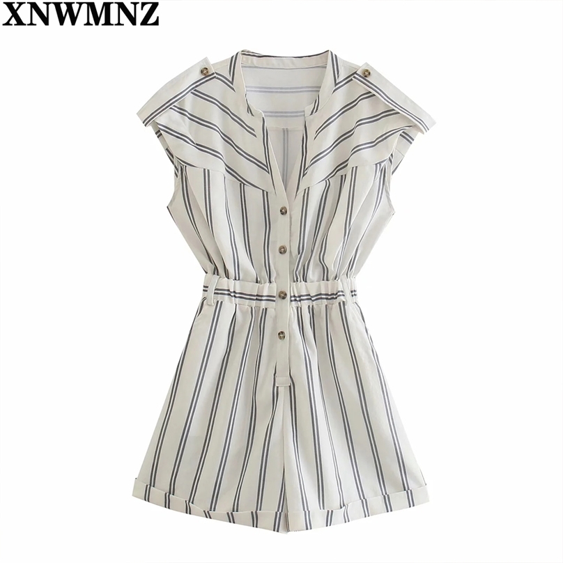 

Women Jumpsuit Summer Stripe Elastic High Waist Casual Jumpsuits Woman Chic Short Sleeve Clothing Holiday To 210520, Beige