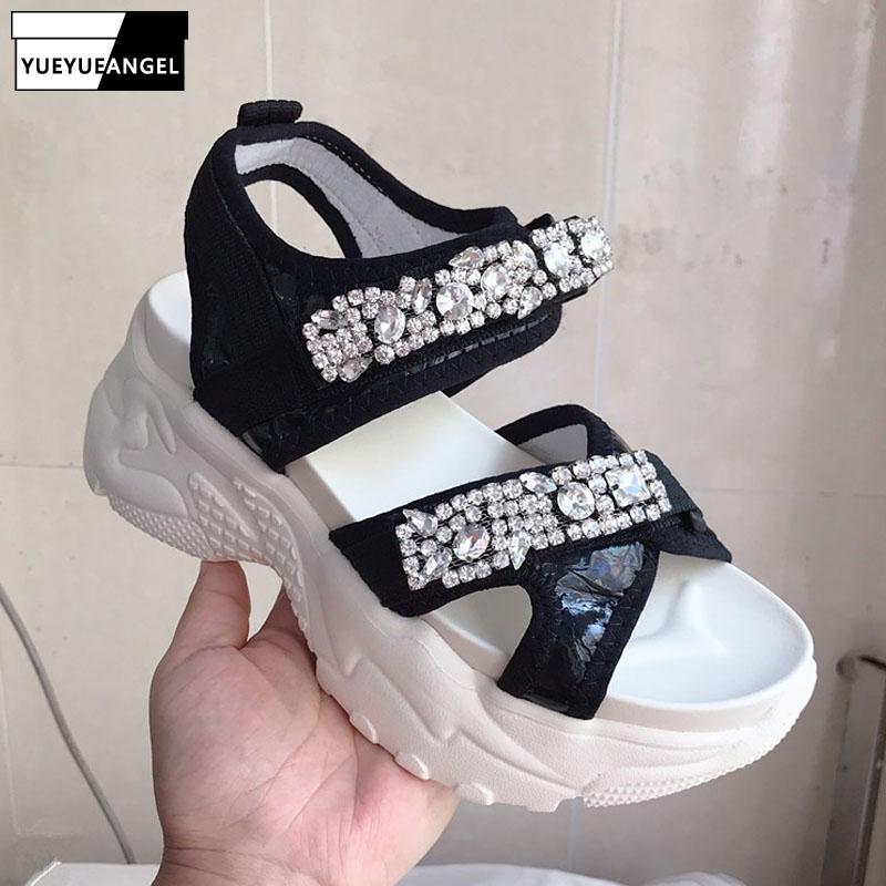 

Summer Thick Bottom Increase Leisure Active Shoes Women Genuine Leather Wedge Sandals Fashion Platform Diamonds Luxury Sandal, Black