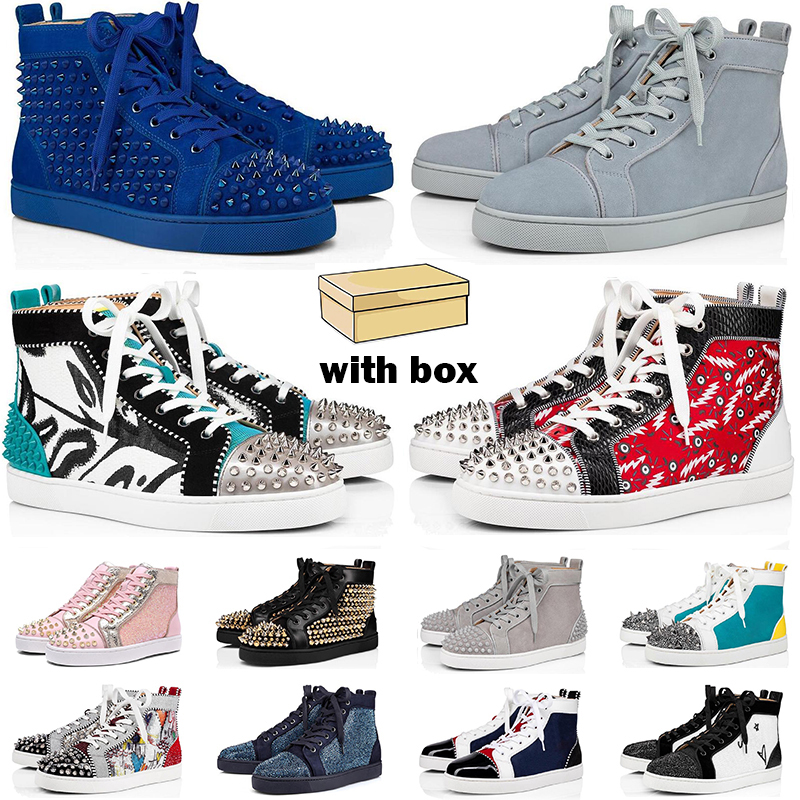 

red bottoms sneakers men women designer shoes high top Black White blue Glitter Grey pink leather suede mens fashion spikes casual trainers, #16