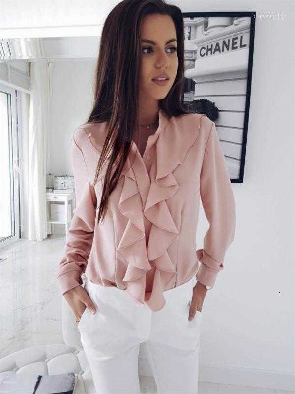 

women's blouses & shirts ruffled crew neck womens designer long sleeve casual solid bus bshe, White