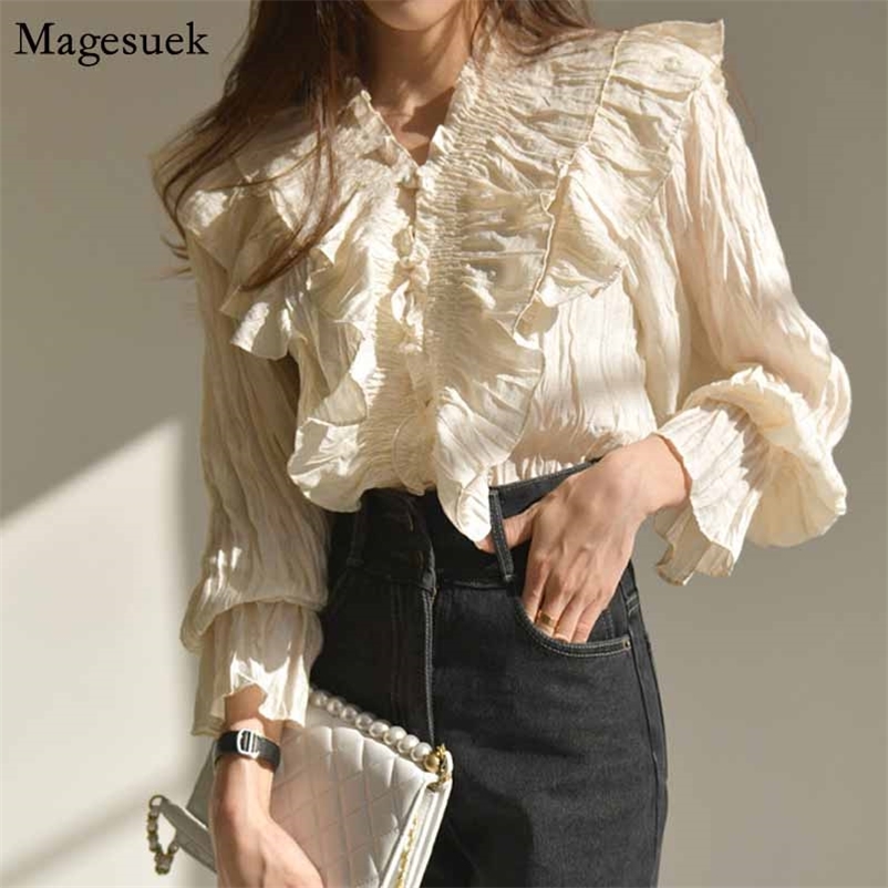 

Puffed Long Sleeve Woman's Shirts Korean Clothes Ruffled V-neck Blouses Solid Color Overalls for Women 10573 210518, Apricot