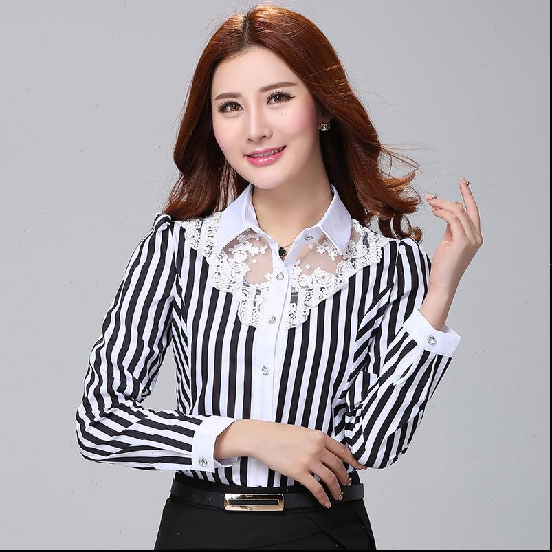 

striped lace hollow out women shirt office long sleeve large size slim bottoming female clothing, White