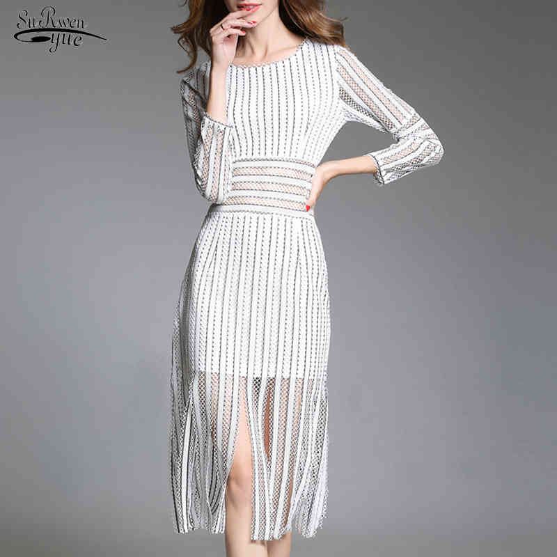 

Spring European and American Fashion Hollow Out Dress Striped Long Sleeve Bottoming Tassel Lace es 12841 210521, White