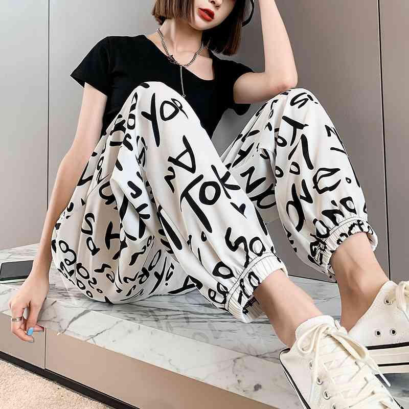 

Ice Silk Black White Joggers Letter Women' Harem Pants High Waist Summer Trousers for Women Casual Loose Sweatpants 210603