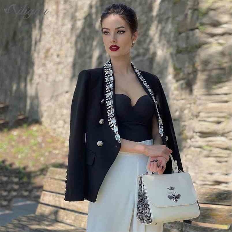 

Latest High Quality Fashion Designer Jacket Ladies Diamond Strass Beaded Double Breasted Sexy V-Neck 210525, Black