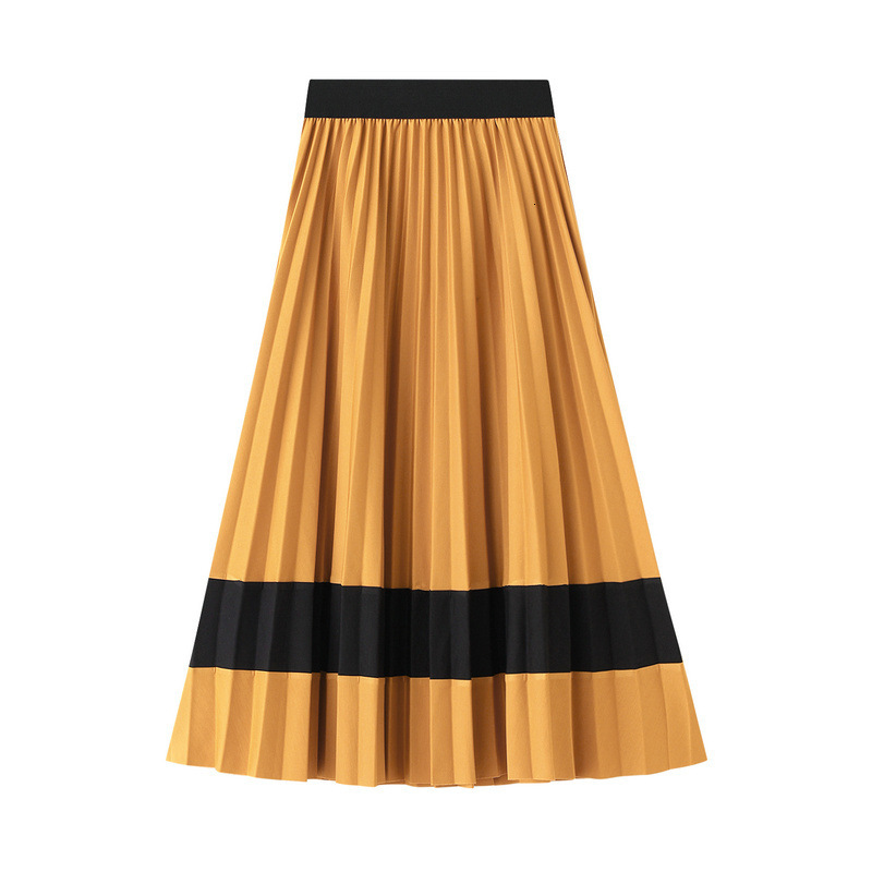 

Casual Dresses Autumn Drape Patchwork A-line Long Pleated Skirts Contrast Color Spliced Candy Pink Yellow Flared Maxi R2RO