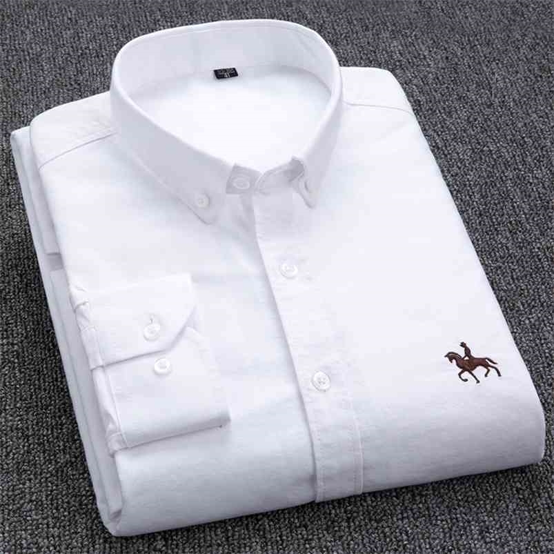 

100% Cotton Oxford Shirt Men's Long Sleeve Embroidered Horse Casual Without Pocket Solid Yellow Dress Men Plus Size 5XL6XL 210721