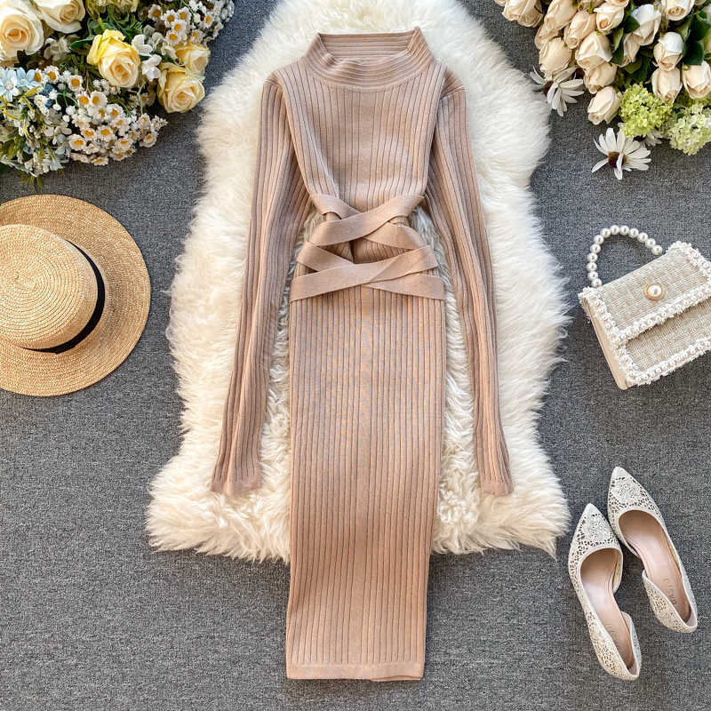 

Casual Half Turtleneck Slim Cross Belt Knitted Dress Solid Knee-length Long Sleeve Bottoming Sheath Female 210525, Picture color