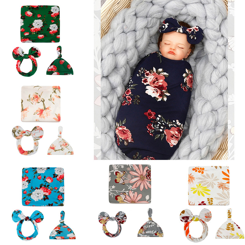 

Newborn Baby Swaddle Blanket Bow Cat Headband Hat 3 pcs Sleeping Bags Flower Butterfly Print Wrap INS Toddler Cartoon Sleep Sacks Shark Photography Prop