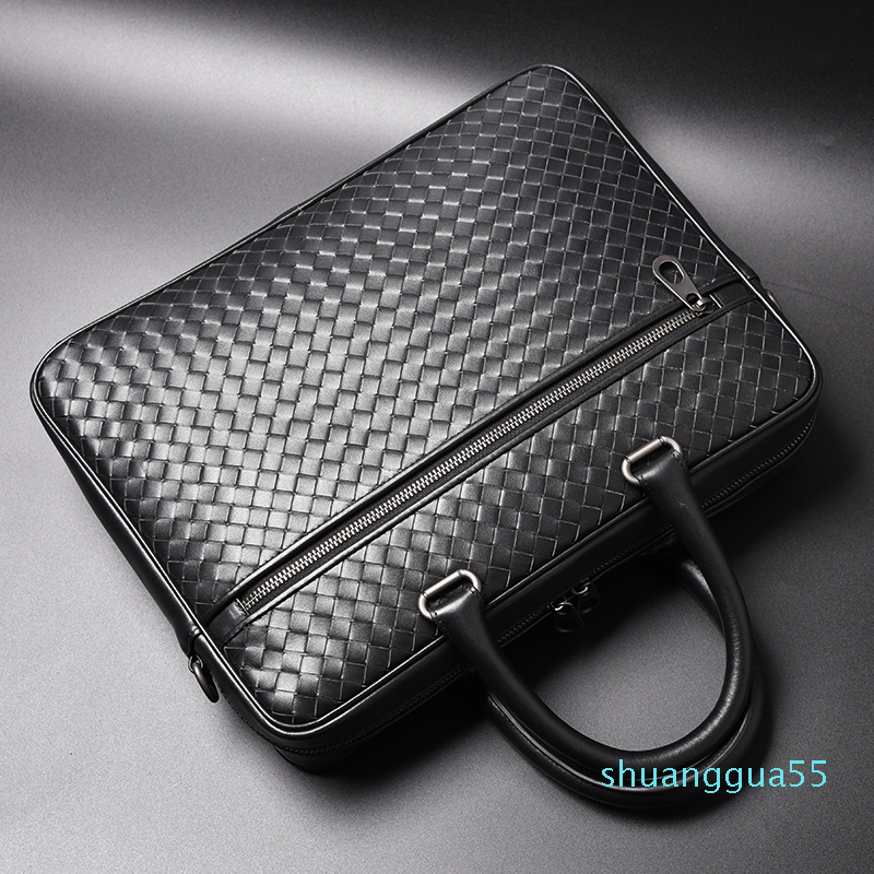 

Men Bags Mini Briefcase Handbags Leather Laptop Bag Cowskin Genuine Leather Woven Commercial Business Men's Bags, Black