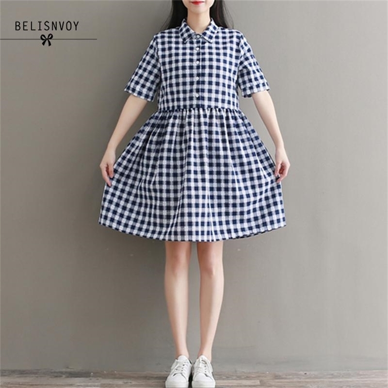

Women's Summer Dresses Plaid Fashion Casual Short Sleeve Turn-down Collar Loose Pleated Shirt Mori Girl Vestidos 210520, Navy blue