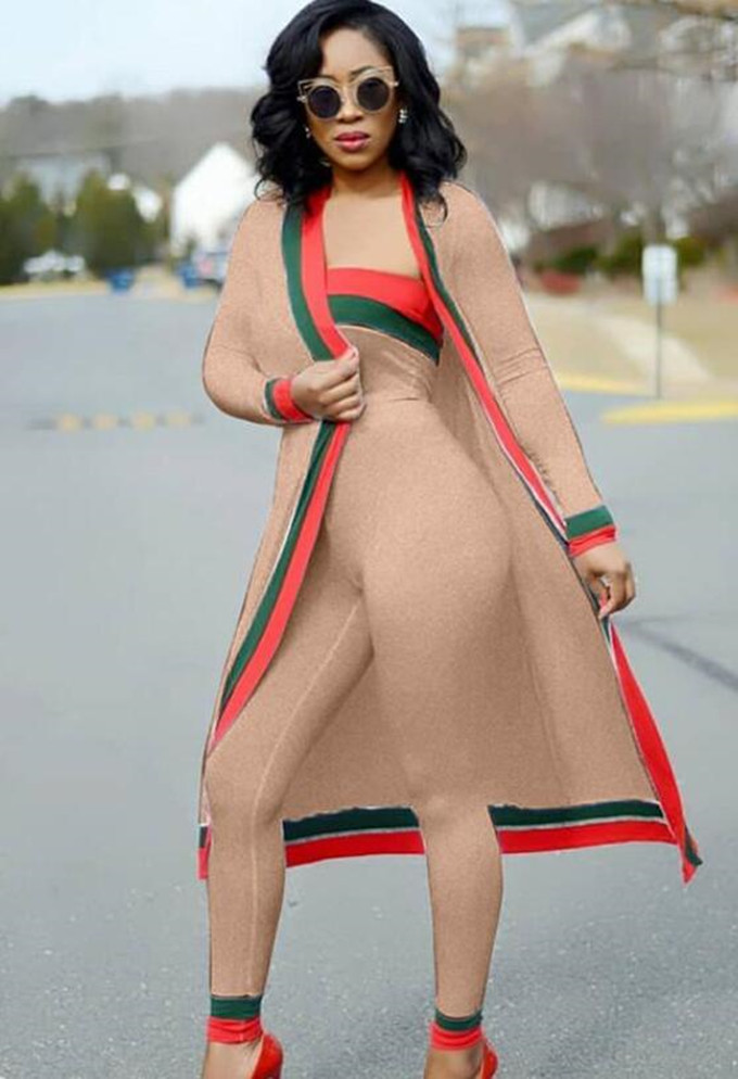 

Wholesale fashion designer multicolor stripe three piece leisure suit long cloak Strapless work clothes one-piece women's, Gray