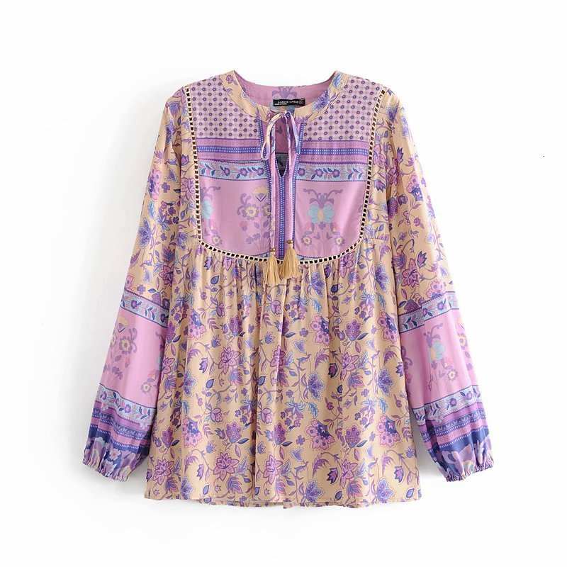 

Women' Blouses & Shirts Women Floral Print Summer 2021 New Tassel Long Sleeve Autumn Bohemian Beach Boho Cotton Casual Shirt Holi, Purple