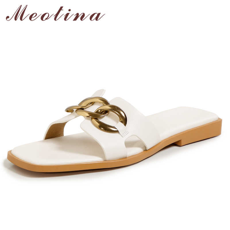 

Meotina Women Flat Slippers Shoes Genuine Leather Sandals Chain Slides Square Toe Ladies Cow Leather Footwear Summer 40 210608, Black