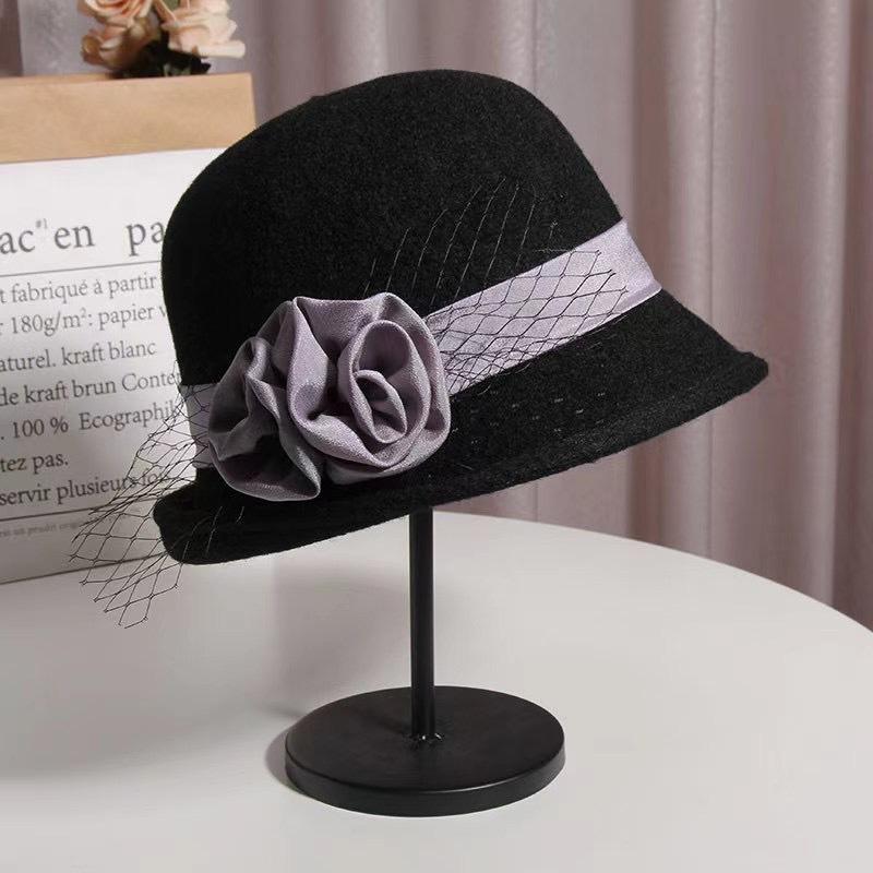 

Berets Autumn Season Wool Hat Han Edition Fashion Mom Elegant French Flower Cap Cold Warm Small Basin, Black