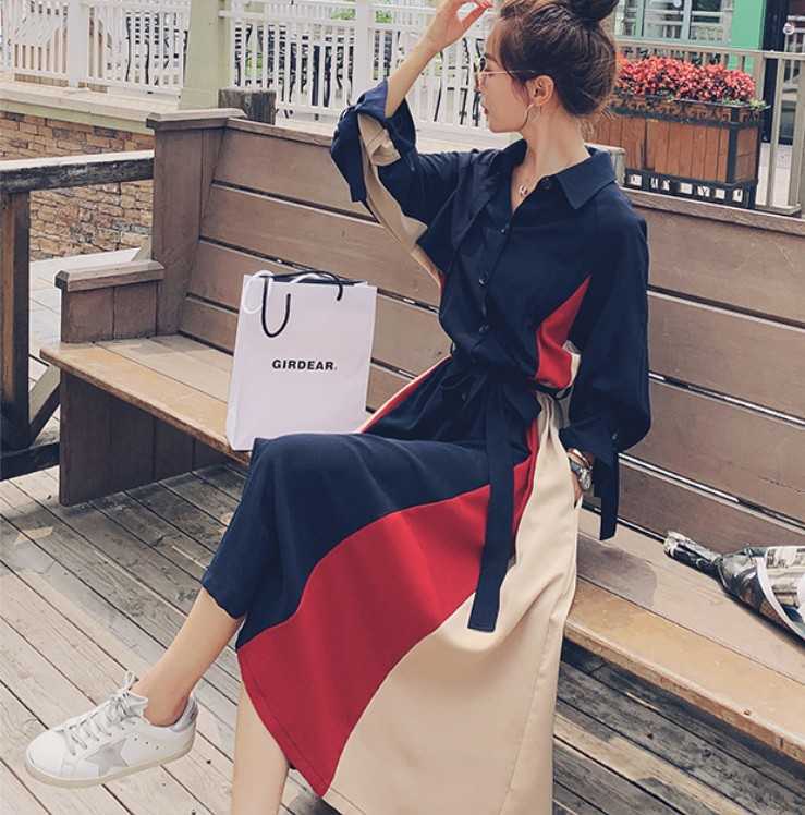 

Women Vintage Spring Autumn Elegant Turn Down Collar Full Sleeve Ladies Casual Sashes Hit Color Long Shirt Dress Vestidos 210526, Photo color