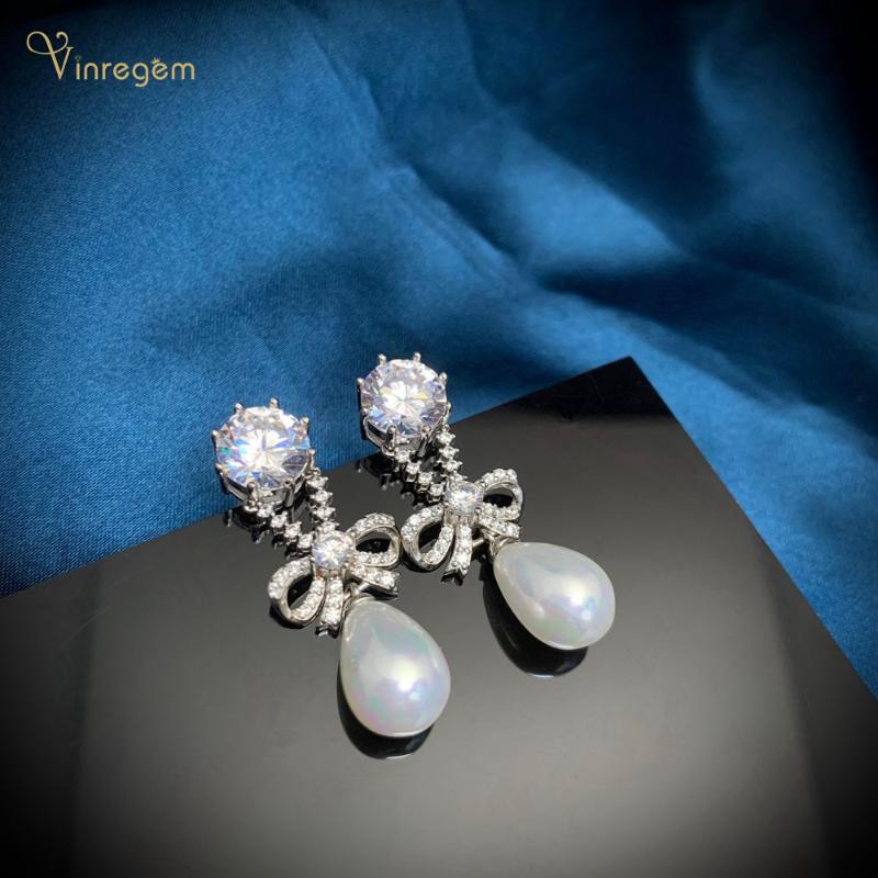 

Dangle & Chandelier Vinregem Romantic 925 Sterling Silver Pearl Created Moissanite Wedding Engagement Bowknot Women Earrings Fine Jewelry