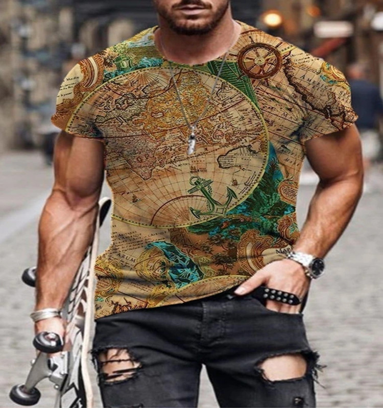 

Map pattern men' 3D printed T-shirt visual impact party shirt punk gothic round neck high-quality American muscle style short sleeves, Picture 1