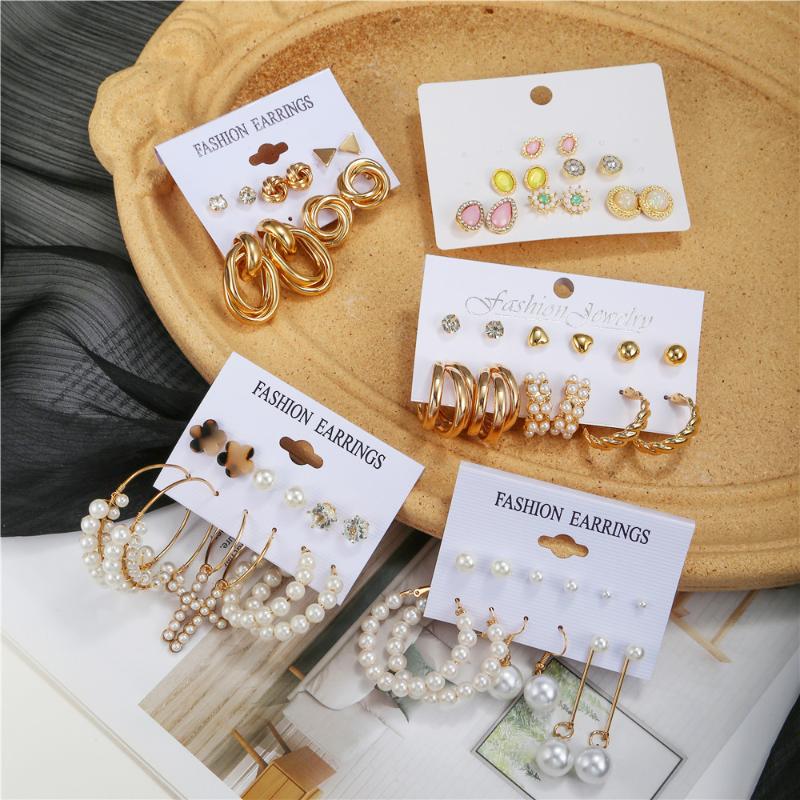 

Hoop & Huggie Vintage Cross Earrings Set For Women Statement Pearl Beaded Gold Metal Circle Brincos Geometric Trend Jewelry