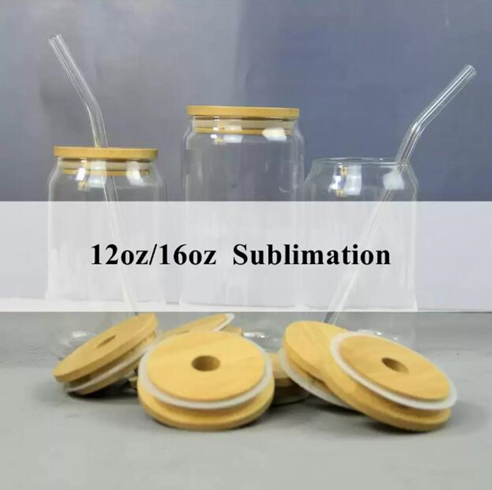 

US STOCK !16oz Sublimation Clear Glass Tumblers 12oz Frosted Cola Can Ice Watter Bottles Bamboo Lid Beer Cocktail Cup Whiskey Coffee Mug Iced Tea Jar Mugs, Frosted with straw and lid