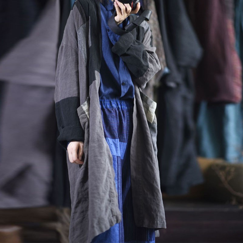 

Johnature Autumn Winter Retro Patchwork Cardigan Windbreaker Cotton Linen Comfortable Long Sleeve Women All-match Coat 210521, Gray