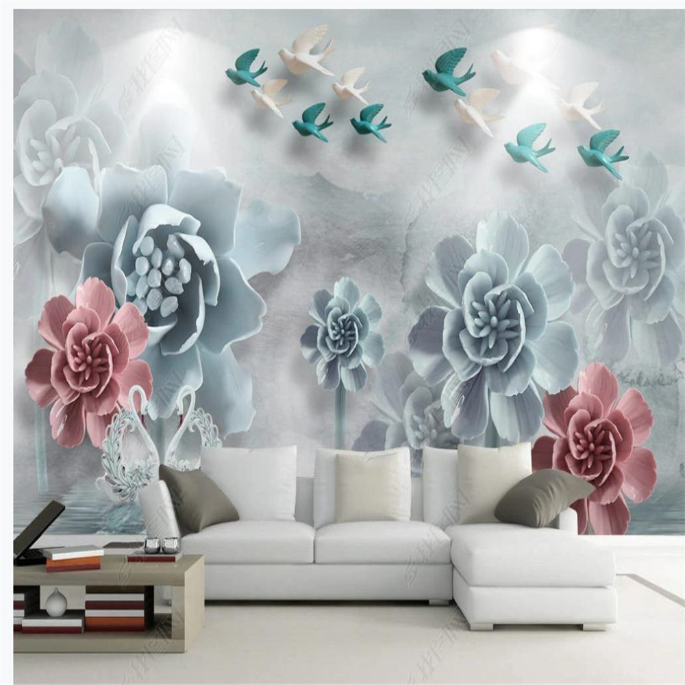 

3D wallpaper three-dimensional relief simple and elegant flower swan background wall decorative painting, Blue