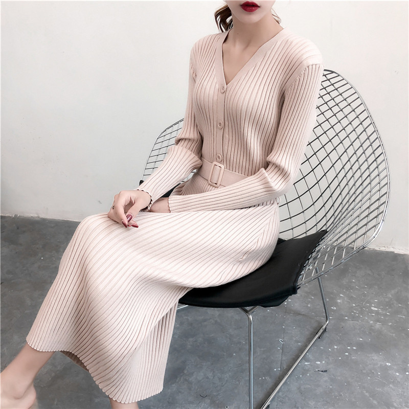 

Autumn Winter V Neck Belt Medium Calf Slim Knit Dress Women's Fashion Casual Bottoming Long Sweater Female 210520, Khaki