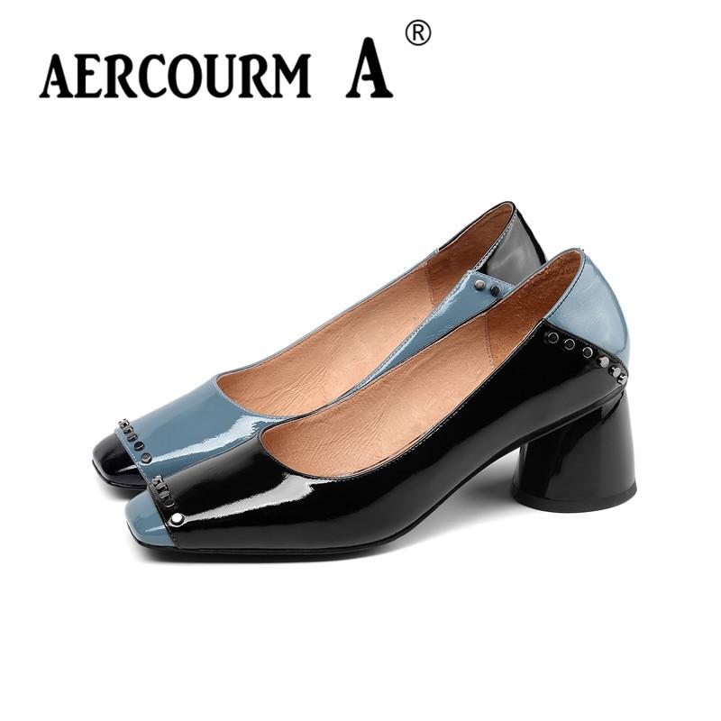 

Dress Shoes Aercourm A 2021 Women Rivet Mixed Colors Pumps Ladies Cow Patent Leather Square Heel Spring Blue Black