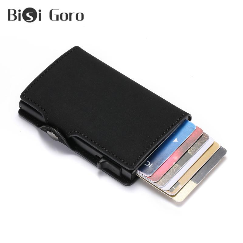 

Card Holders BISI GORO Anti Rfid Holder Case Men Slide Leather ID Aluminium Metal Wallet Creditcard Bag Popwallet, Coffee zf002