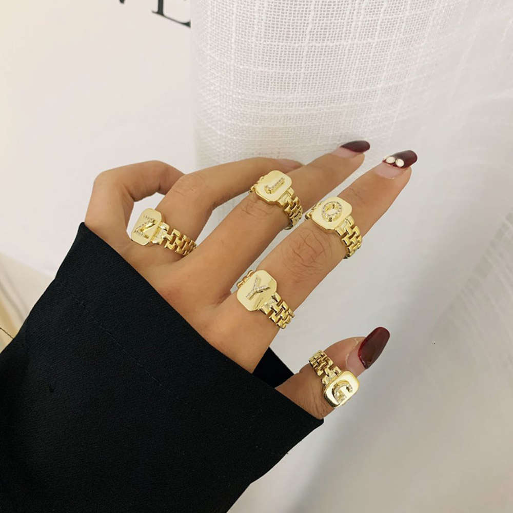 

Ring ringest Style Fashion Gold Color Chain for Women A-Z Letter Adjustable Opening Jewelry Femelle Bague, Golden;silver