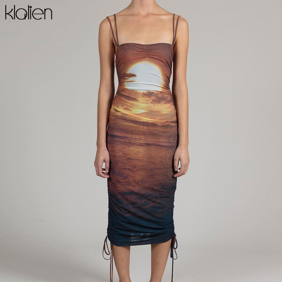 

women fashion print y2k dress 2021 new summer strap stretch slim dstring midi dress female streetwear basic wildplus size clothes, Black;gray