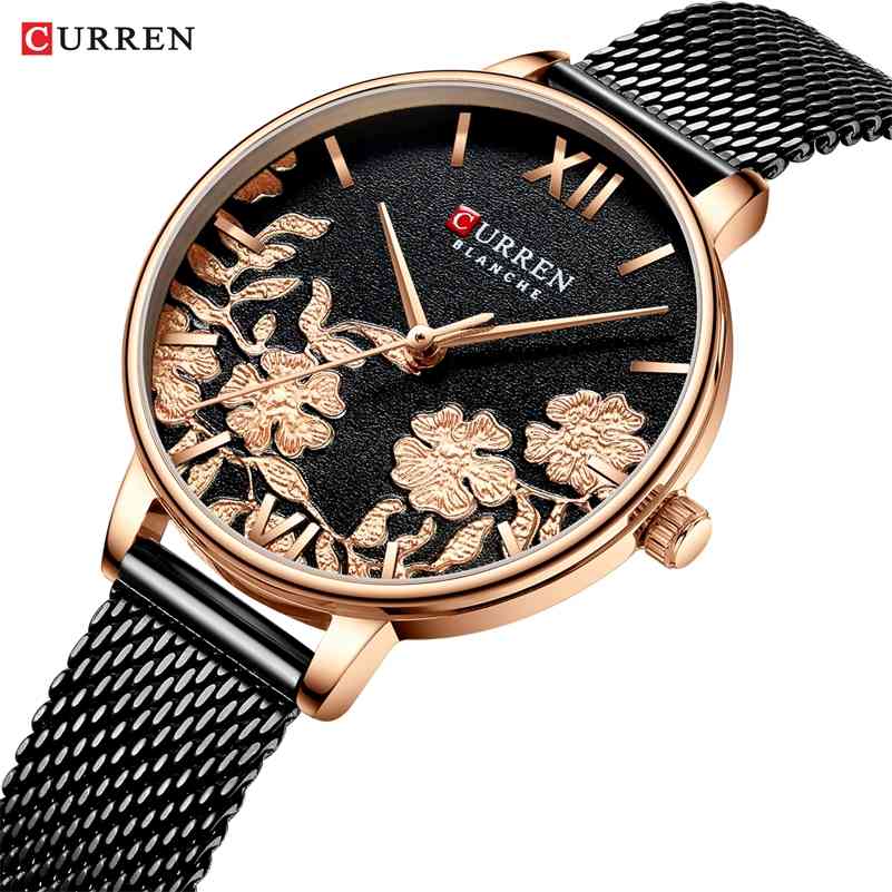 

CURREN Luxury Women Watch Flower Stainless Steel Mesh Band Quartz Ladies Wristwatch Glassy Fashion Waterproof Female Clock 210517, L-black