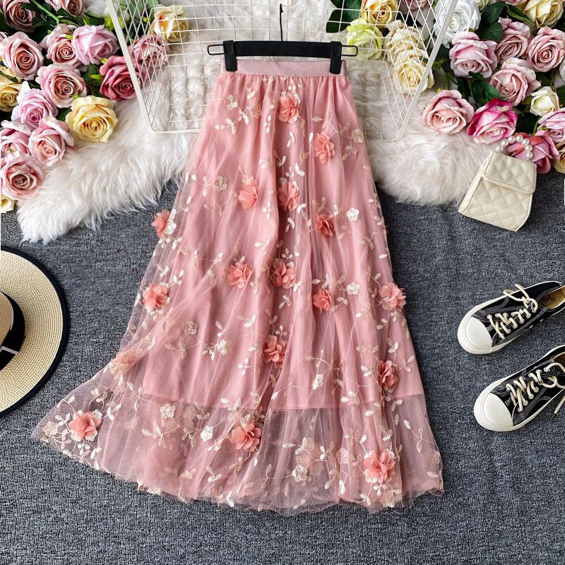 

Skirts 3D Flower Mesh Women Sweet Gilrs Lace Lady Kawaii Party, Black