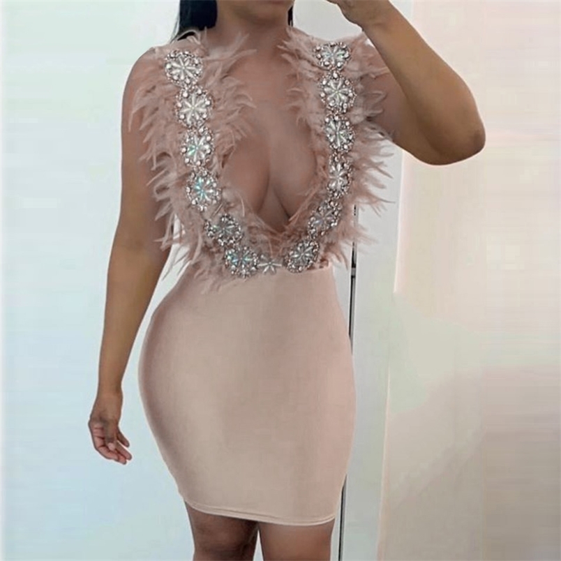 

Summer Bandage Dress Lady Elegant Yellow Sexy V-Neck Feather Bodycon Club Luxury Beaded Celebrity Party 210525, Apricot