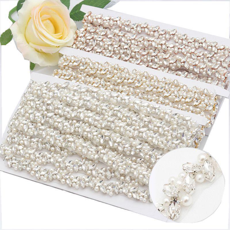 

Belts JLZXSY Pearl Beaded Handmade Rhinestone Applique Trim DIY Bridal Belt Iron Sew On Crystal Trimming Wedding Accessories, Silver