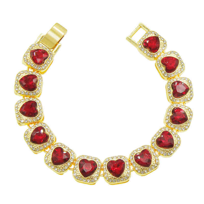 

Hip hop diamond inlaid red love bracelet men and women cool personality couple, Gold (red diamond) - 7inch