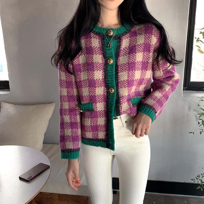 

Women's Knits & Tees Vintage Plaid Knitted Sweaters Women Retro Cardigans 2021 Korean Autumn Winter Female Fashion Sweater Coat Clothing, White