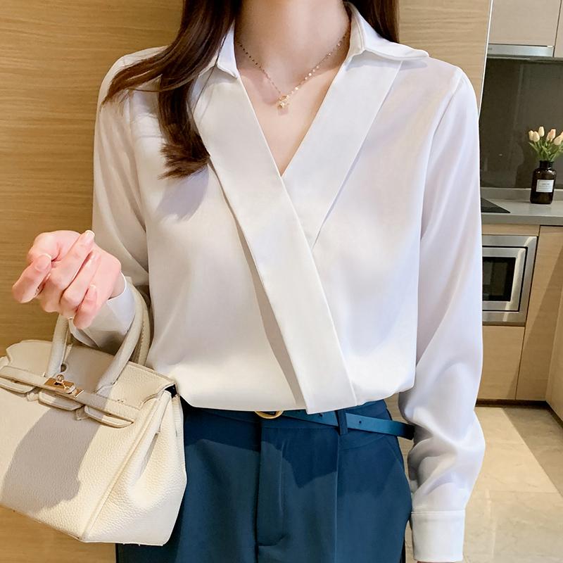 

Women' Blouses & Shirts Women Clothing 2021 V-neck Loose Champagne Black White Chiffon Shirt Long Sleeve Tops And Blouse Sexy Elegant 2213