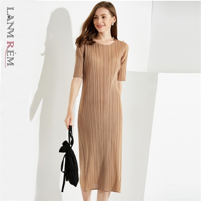 

Women's Black Big Size Folds Mid-long Dress Round Neck Short Sleeve Loose Fit Fashion Summer 2E1415 210526