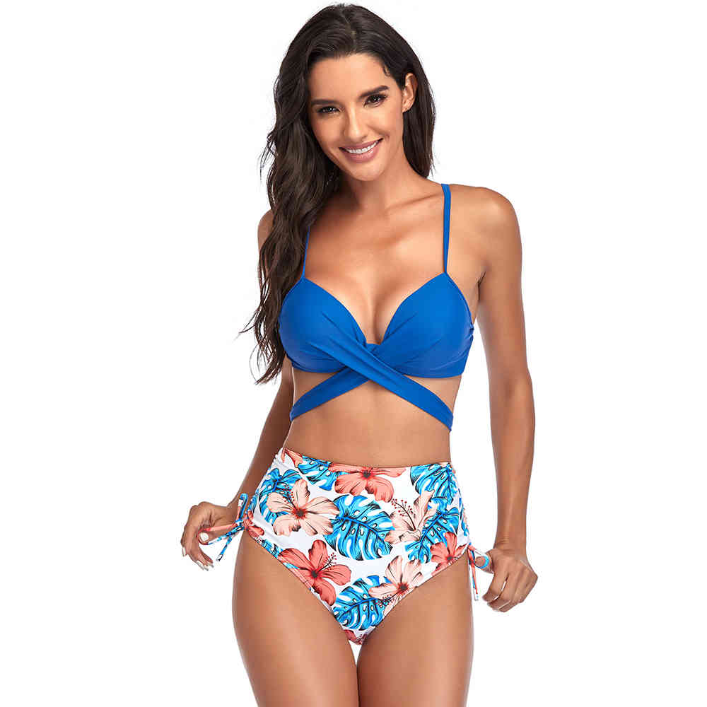 Women&#039;s Swimwear Sexy Cross Bikini High Waist Swimsuit Women Solid Top Print Bottoms Set Push Up Bathing Suit Beachwear XXL YEXY-image-701155322