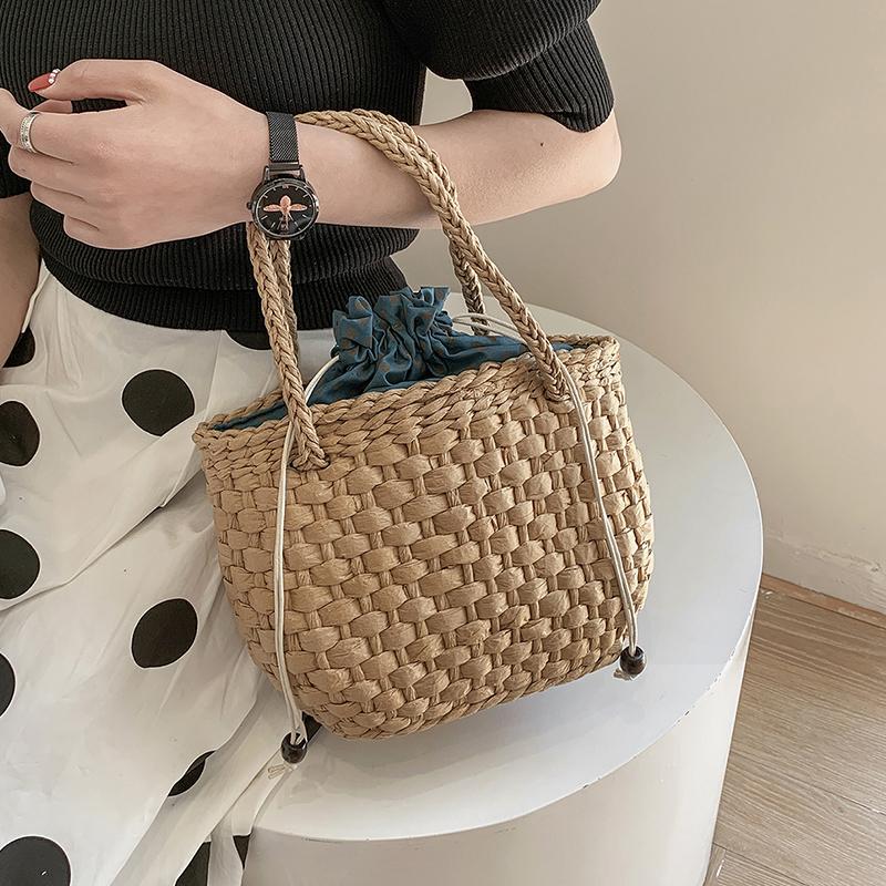 

Fashion Drawstring Woven Straw Purses HandBags For Women Shoulder Bag 2021 Summer Beach Casual Totes Qualited Bags, Beige
